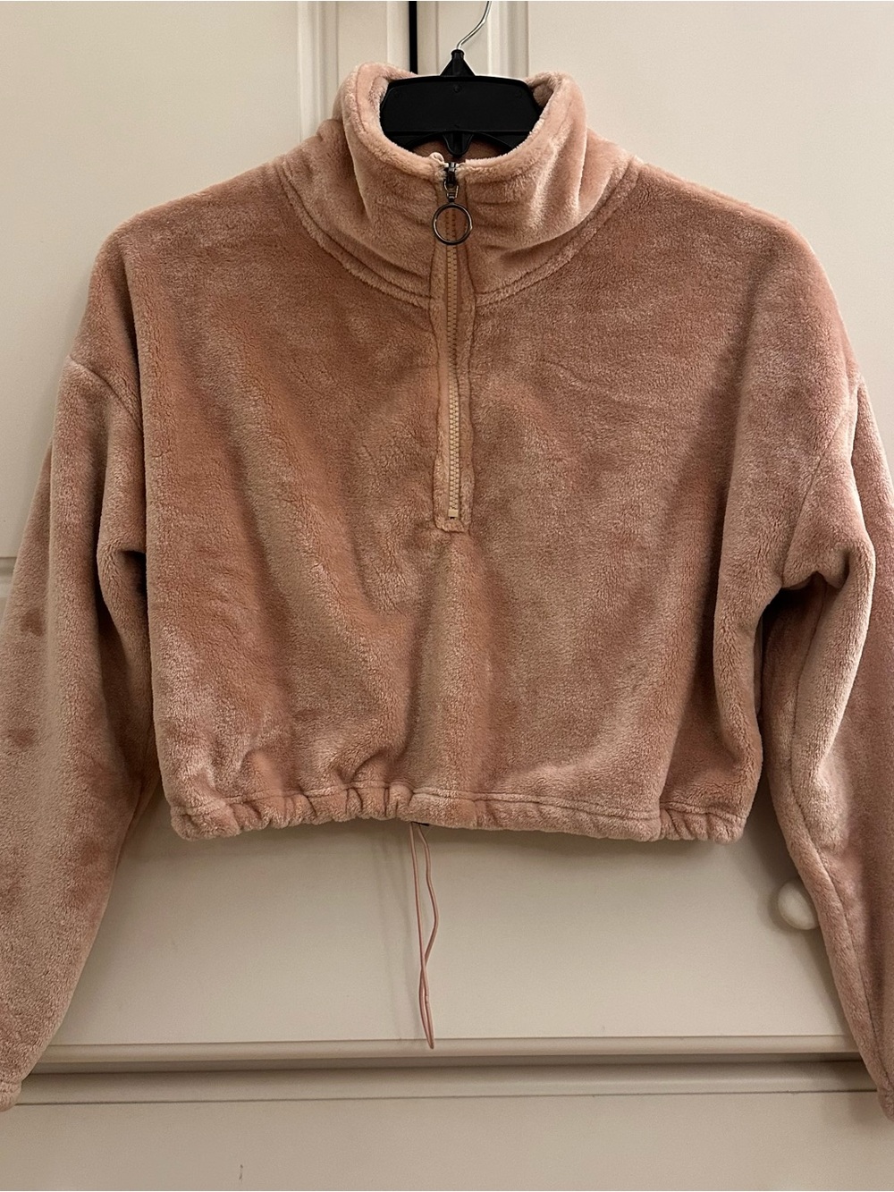 Streetwear Society Plush Quarter-Zip Cropped Fuzzy Pullover — Dusty Rose